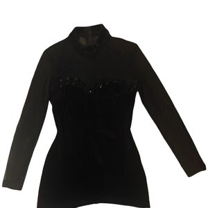 Women's Black Velvet Long-Sleeve Mock Neck Tee with Sequin Trim